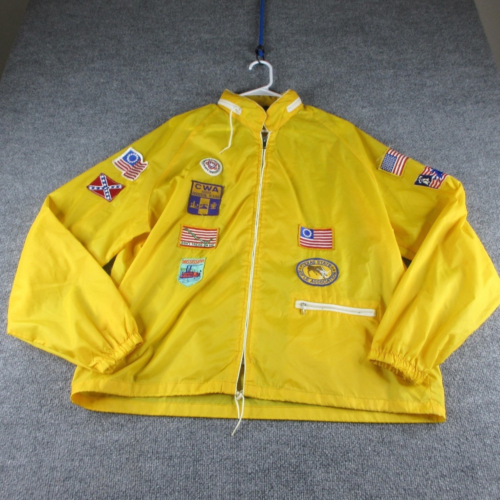 Vintage Swingster Jacket Mens XL Yellow Windbreaker Patriotic Patches 70s